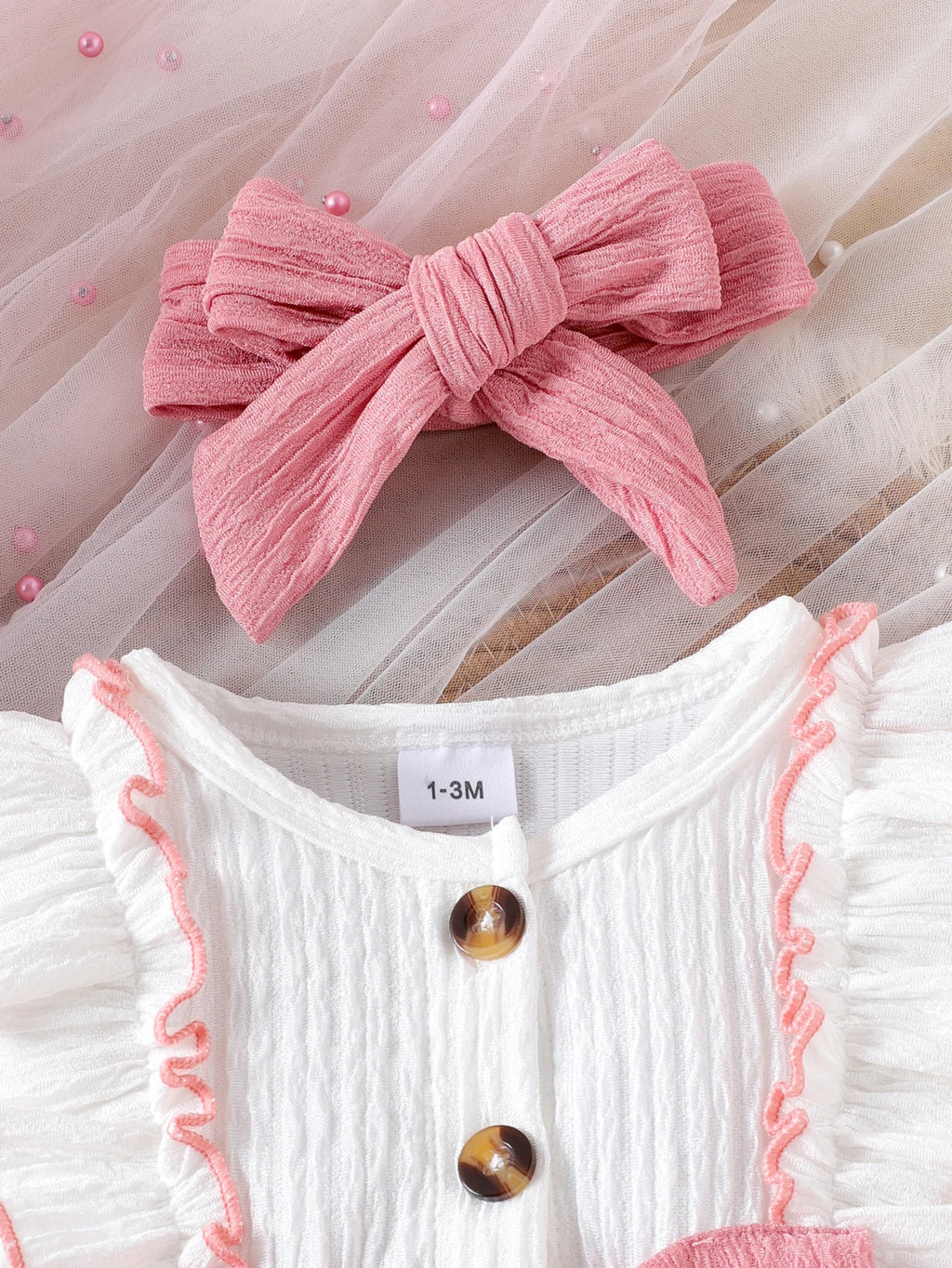 3pcs  Spring new girl 0-1 years old sweet and cute white long-sleeved pink one-piece suit