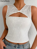 Fairyshely 2026 Sexy Summer Sleeveless Short Lace Top Women Hollow Bodycon Crop Tops Lady Solid Off Shoulder Club Party Clothes