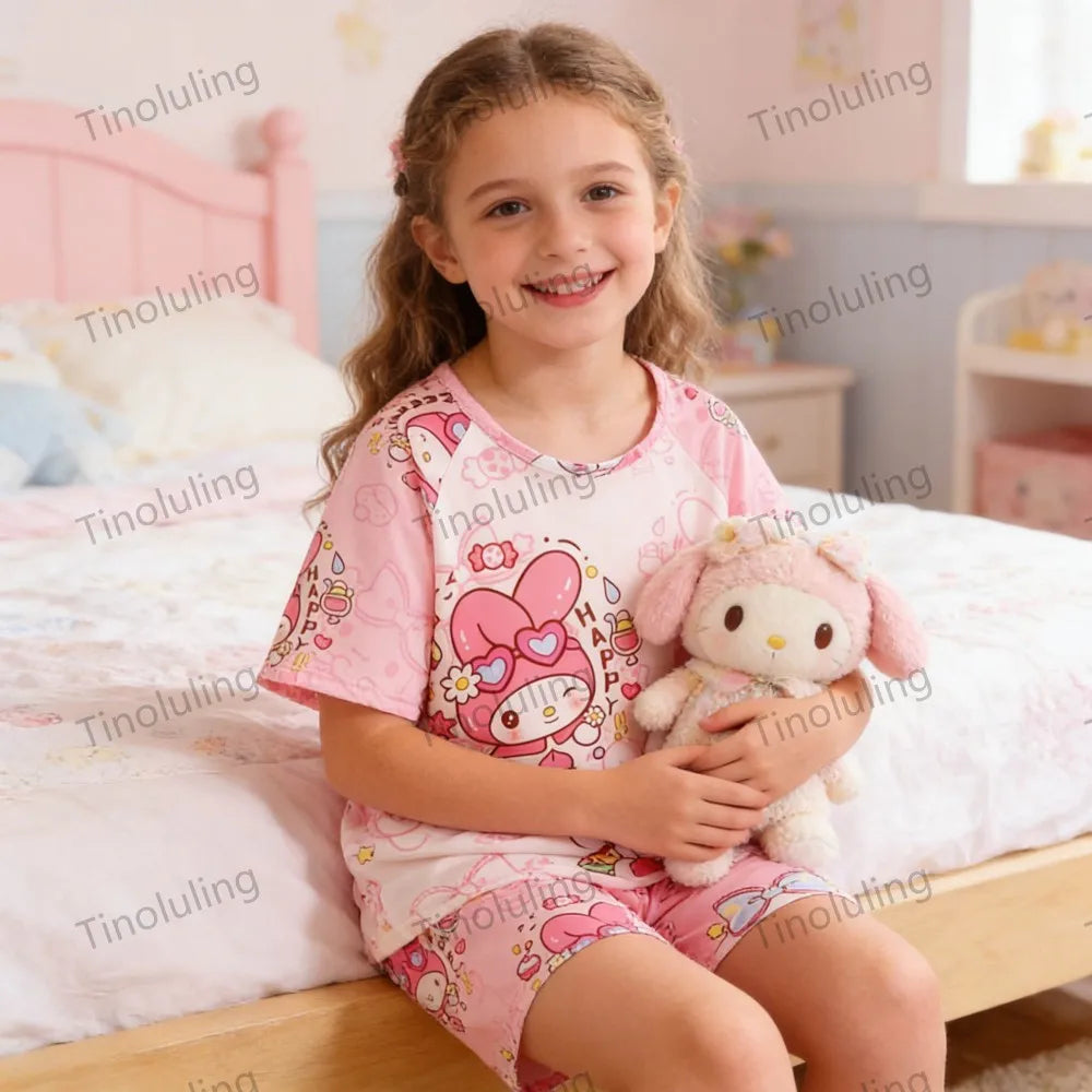 3 to 12 Years Girls Pajamas Summer Pyjamas Sets Kids Hello Kitty Cat Kuromi Tops+Short Pants Sleep Wear Little Girl Clothing