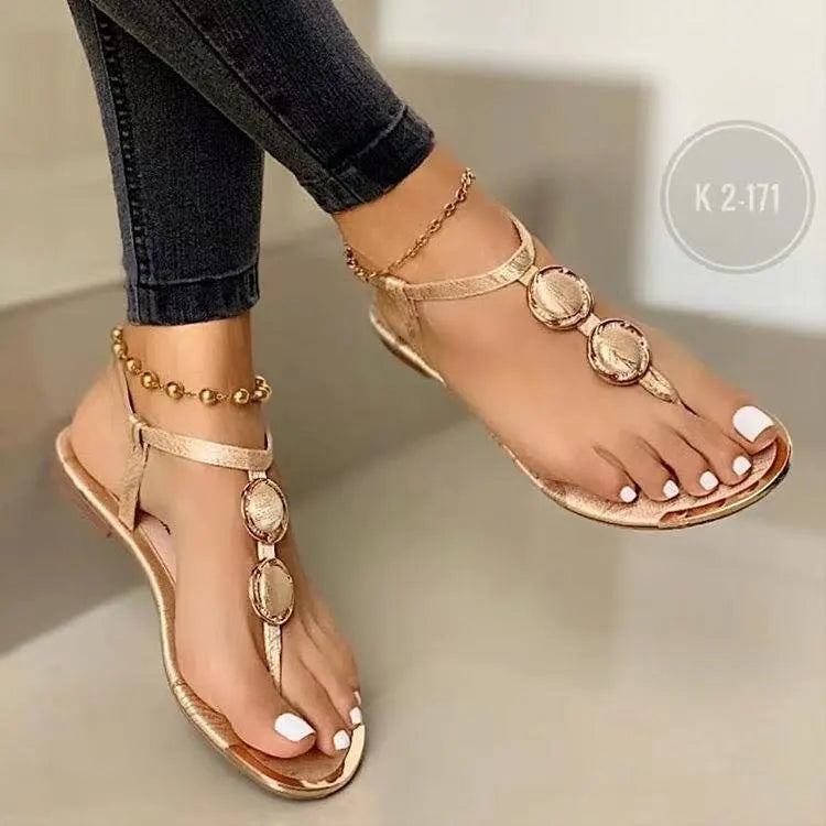 Summer Sandals Women Fashion Casual Beach Outdoor Flip Flop Sandals Metal Decoration Ladies Flat Shoes Big Size 2024