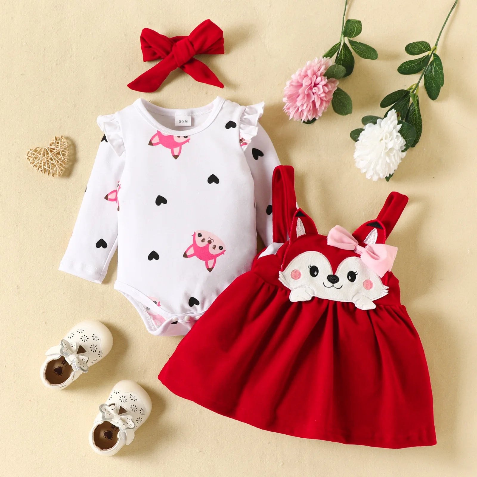 Prowow Cute Fox Baby Dresses For Girls Heart Print Romper+Suspender Fox Dress For Girls Fall Winter Newborn Baby Girl Clothes