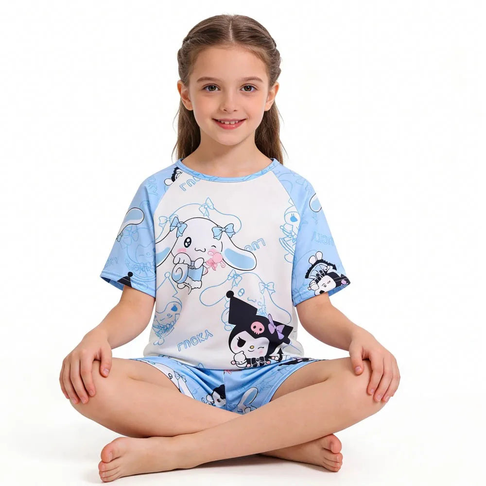 3 to 12 Years Girls Pajamas Summer Pyjamas Sets Kids Hello Kitty Cat Kuromi Tops+Short Pants Sleep Wear Little Girl Clothing