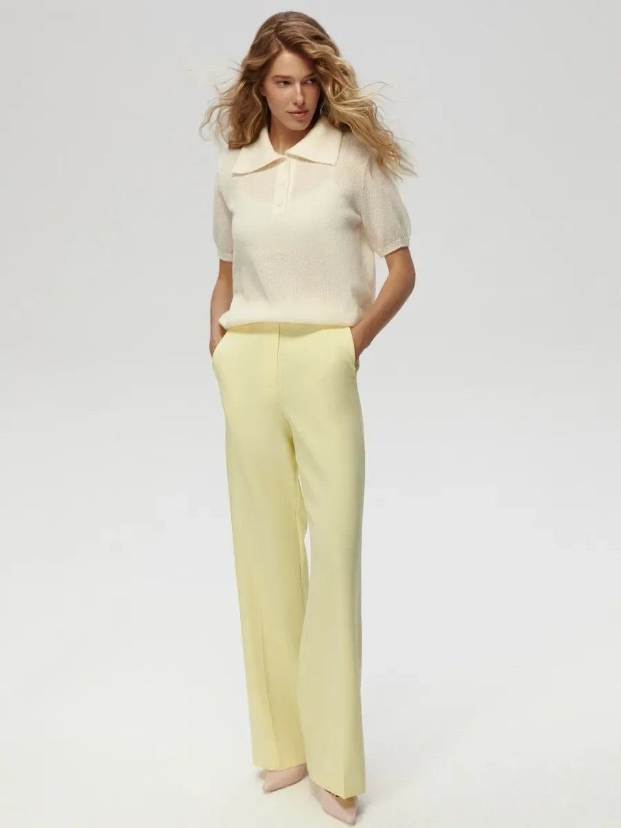 Casual Short Sleeve Knit Pullover For Women Lapel Patchwork See-Through Solid Commute Hollow Out Knitwear Sweater Pullover