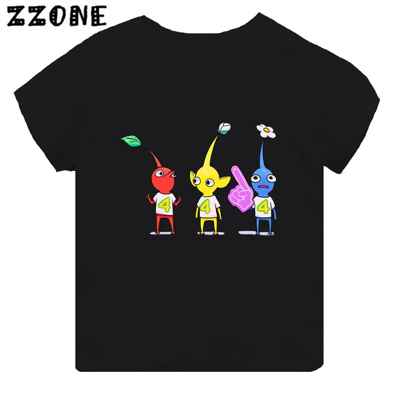 Hot Sale Video Game Pikmin 4 Print Cartoon Kids T-shirt Girls Clothes Baby Boys Black Short Sleeve T shirt Children Tops,TH5868