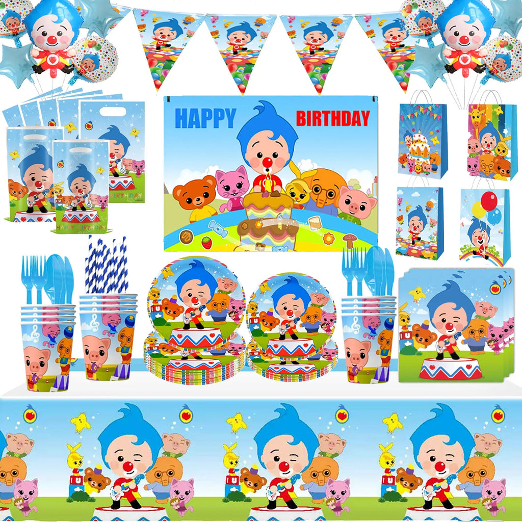 Catoon Clown Birthday Party Decoration Cute Tableware Cup Plate Balloon Banner Backdrop Gift Bag Favors for Kids Baby Supplies