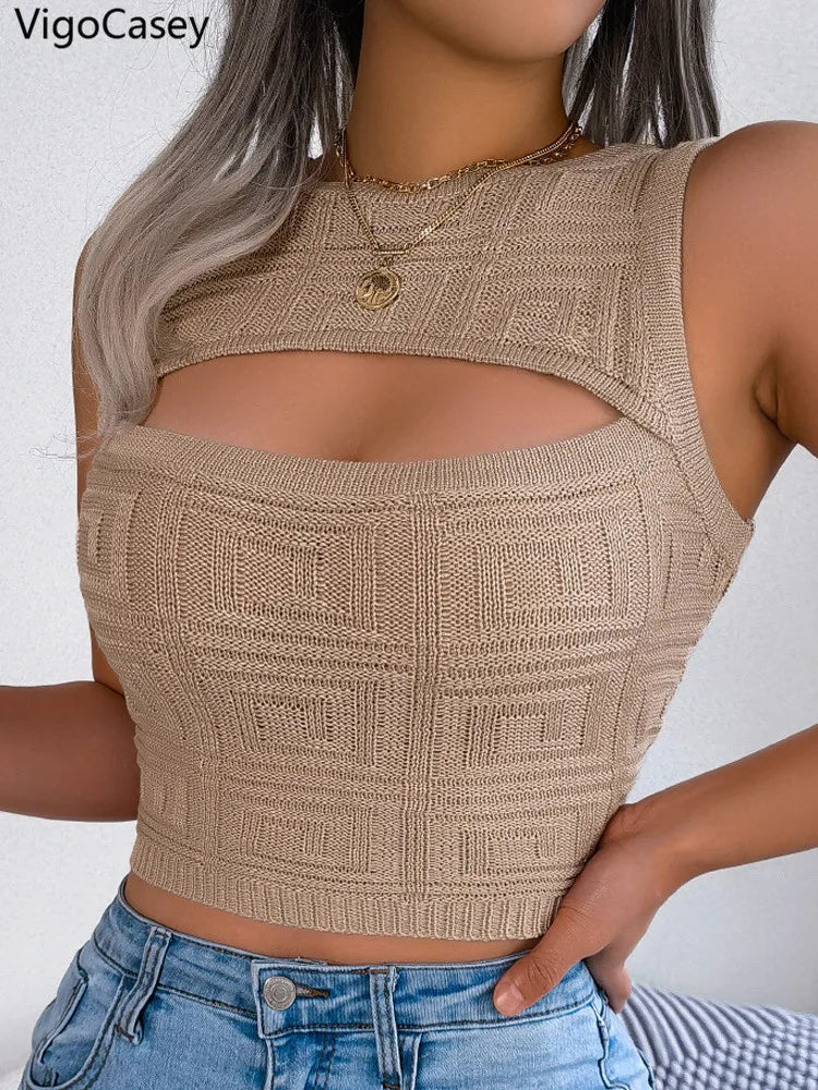 VigoCasey 2026 Summer Lady Sexy Bodycon Crop Top Women Solid Hollow Knit Vest Female Sleeveless Casual Club Short Tops Clothes