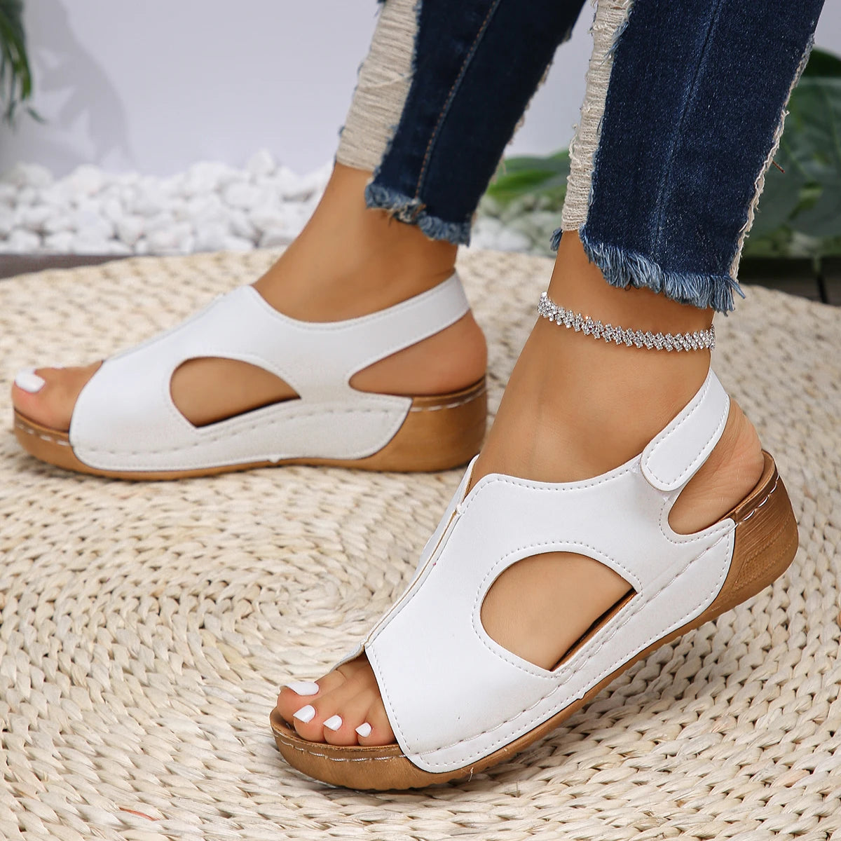 Summer Sandals for Women  Wedge Heel Platform Shoes Synthetic Leather Peep Toe Hook Loop Casual Beach Walking Ladies Footwear