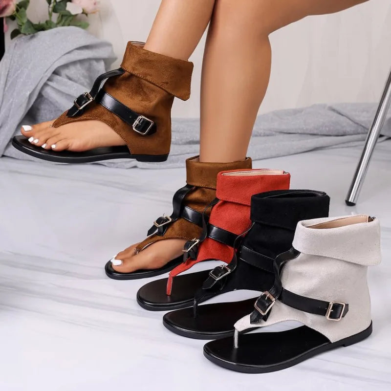 Summer Women Sandals Trend New Clip Toe Roman Sandals Denim Belt Buckle Large Size High Top Flat Boots Dressy Casual Shoes Women