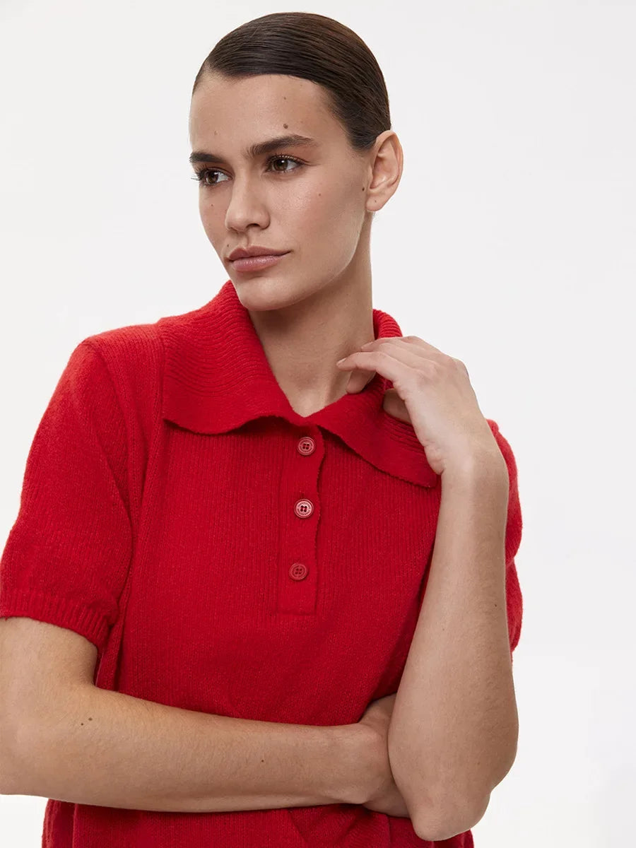 Casual Short Sleeve Knit Pullover For Women Lapel Patchwork See-Through Solid Commute Hollow Out Knitwear Sweater Pullover
