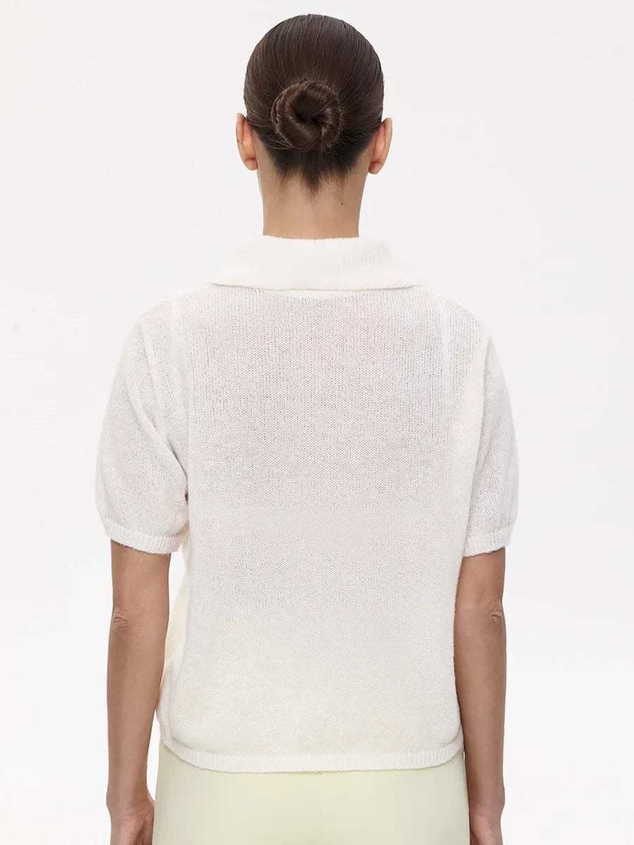 Casual Short Sleeve Knit Pullover For Women Lapel Patchwork See-Through Solid Commute Hollow Out Knitwear Sweater Pullover