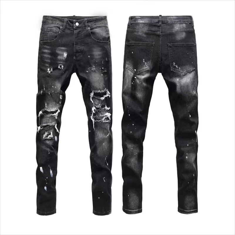 Vintage Washed Distressed Denim Jeans Men Paint Splatter Ripped Slim Fit Biker Trousers Street Style Hip Hop Pants for Guys