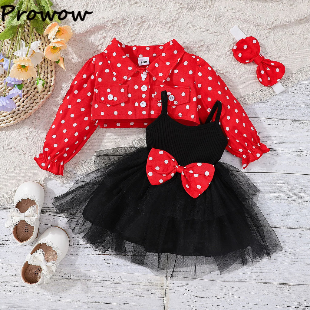 Prowow 3-24M Infant Baby Dresses Polka Dots Coat Jacket+Sleeveless Princess Mesh Dress Newborns Cute Baby Clothes Outfit Sets