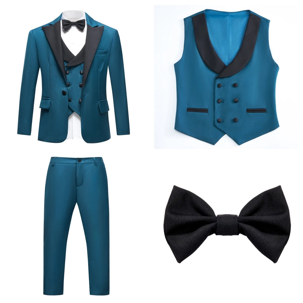 Vintage 4-Piece Suit Set for Boys 3-14 Years, Black Peak Laple Kids Formal Tuxedo Set, Blazer Vest Pants Bow-tie Graduation Suit