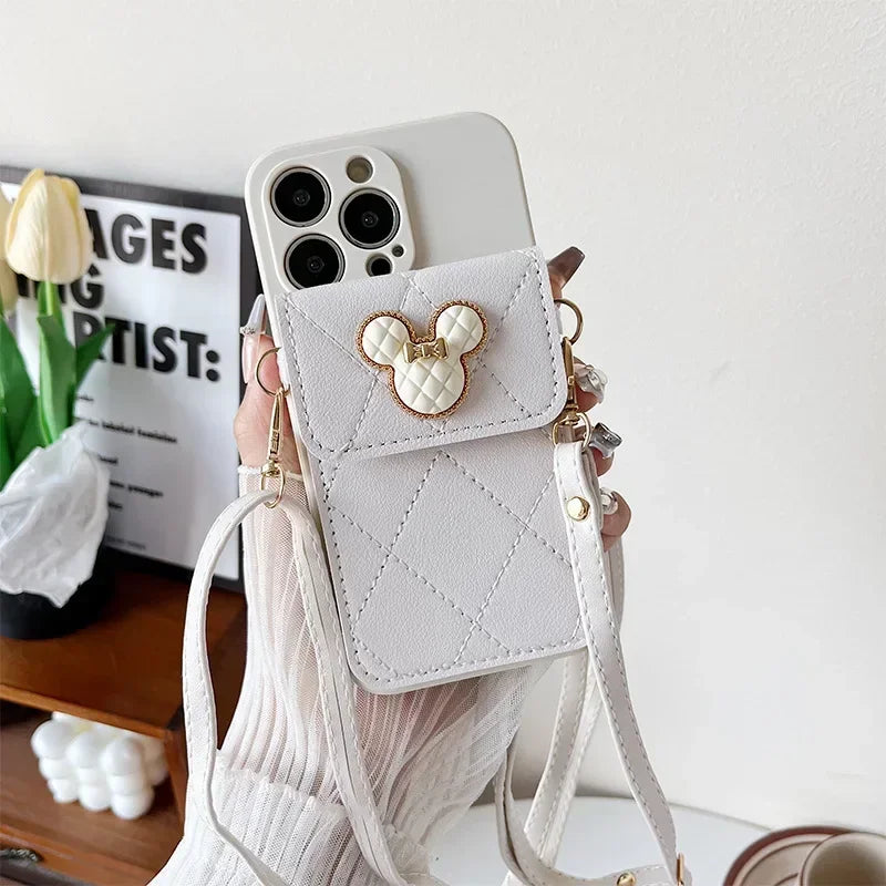 Cartoon Diamond Leather Wallet Case for iPhone 17 16 14 13 11 12 15 Pro Max Plus XS X 16E Card Holder Crossbody Lanyard Cover