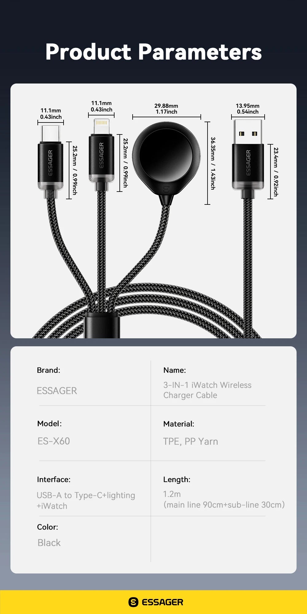 Essager 3 in 1 Multi USB A Charging Cable for Apple iWatch iPhone 16/15/14/13 Pro With USB Type C Lightning Fast Charging Cable