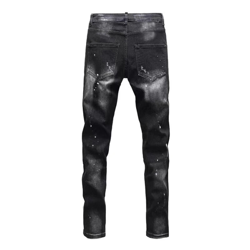 Vintage Washed Distressed Denim Jeans Men Paint Splatter Ripped Slim Fit Biker Trousers Street Style Hip Hop Pants for Guys