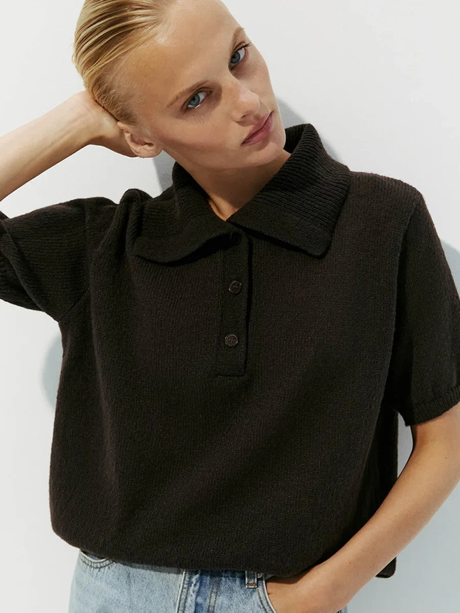 Casual Short Sleeve Knit Pullover For Women Lapel Patchwork See-Through Solid Commute Hollow Out Knitwear Sweater Pullover