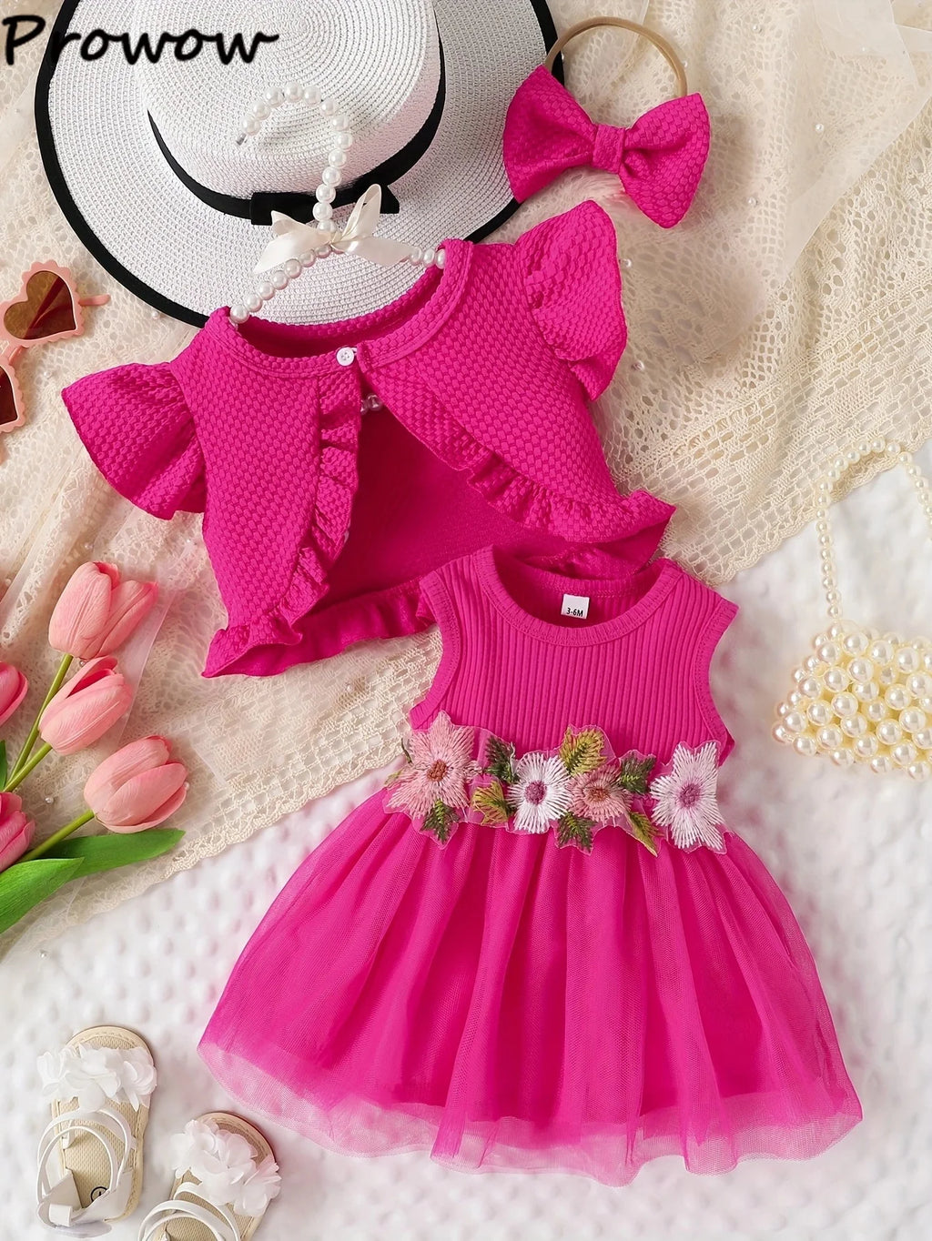Prowow Baby Dresses With Coat Waffles Open Shirt Top and Pink Embroidery Floral Dress For Girls Birthday Party Kids Baby Clothes
