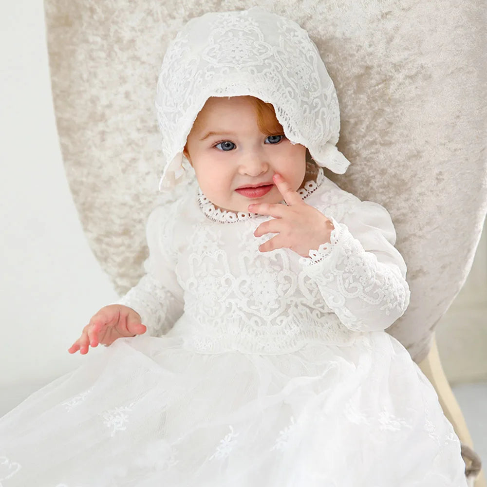 White Lace Baby Dresses + Hat For Christening 0 To 12 24 Months First Birthday Toddler Girl Clothes Infant One-piece Gown