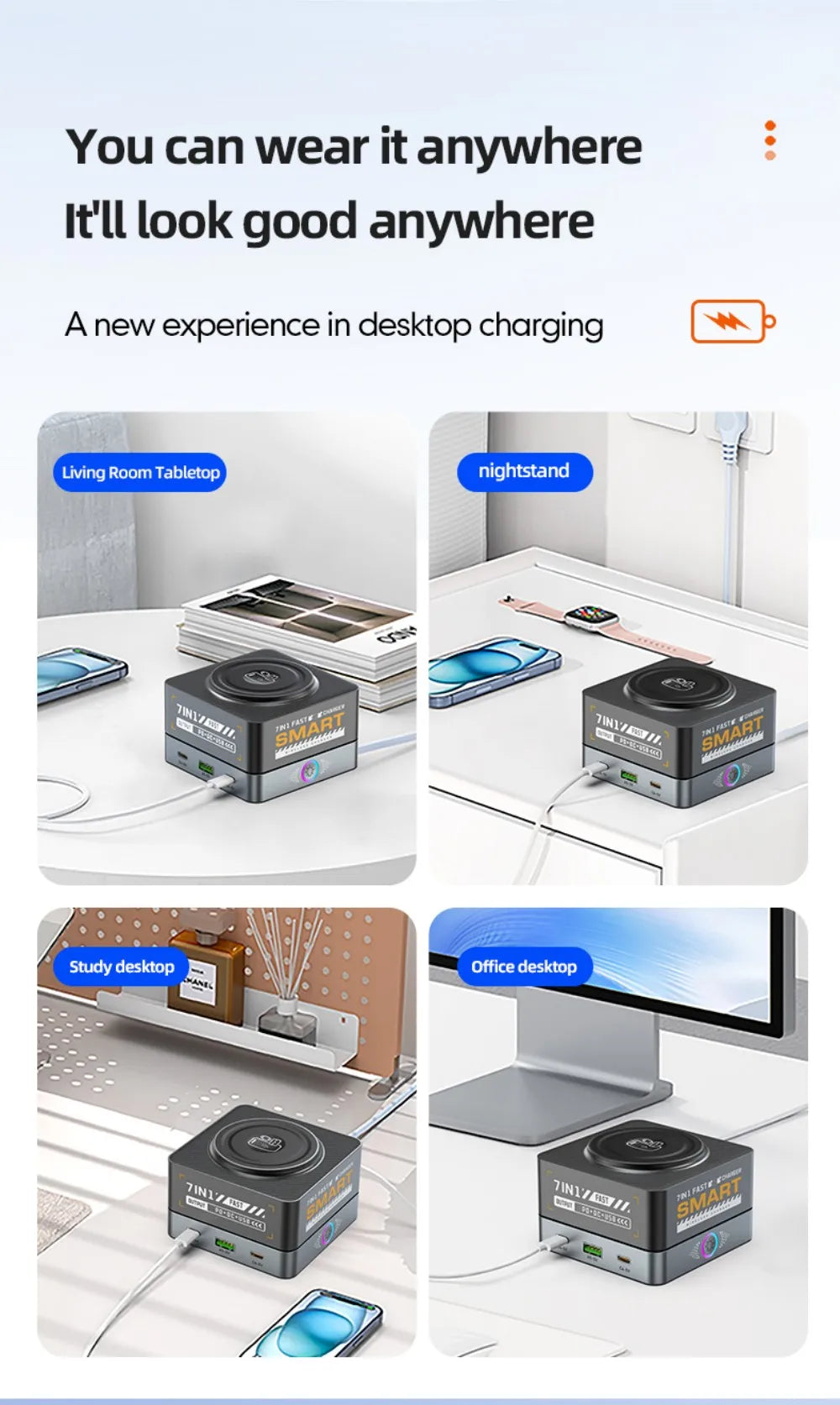 200W 7-in-1 Smart Charger PD Fast Charging USB Type C Power Station for iPhone 16 15 pro Max Multi-Device Charging Station