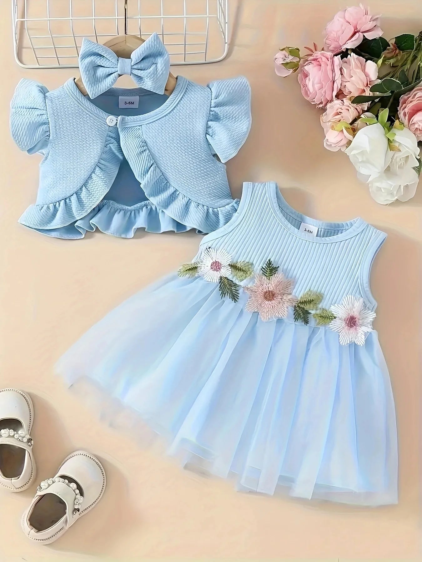 Prowow Baby Dresses With Coat Waffles Open Shirt Top and Pink Embroidery Floral Dress For Girls Birthday Party Kids Baby Clothes