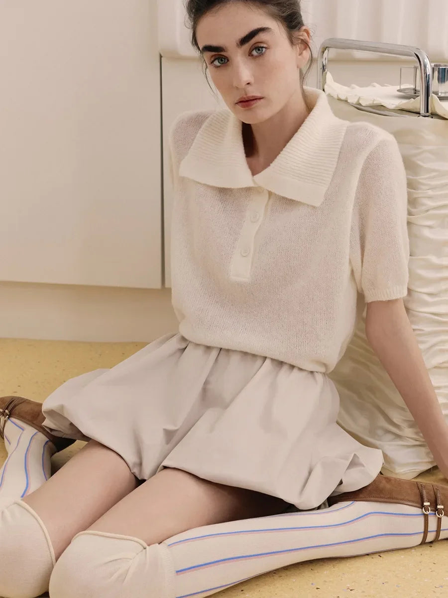 Casual Short Sleeve Knit Pullover For Women Lapel Patchwork See-Through Solid Commute Hollow Out Knitwear Sweater Pullover
