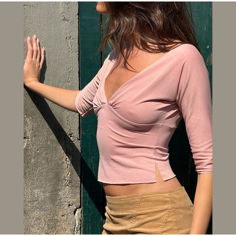 Elegant Women's Waist Cinched Solid T-shirts Slim Deep V-neck Half Sleeve Female Tops 2026 Spring Summer Lady All-match Top