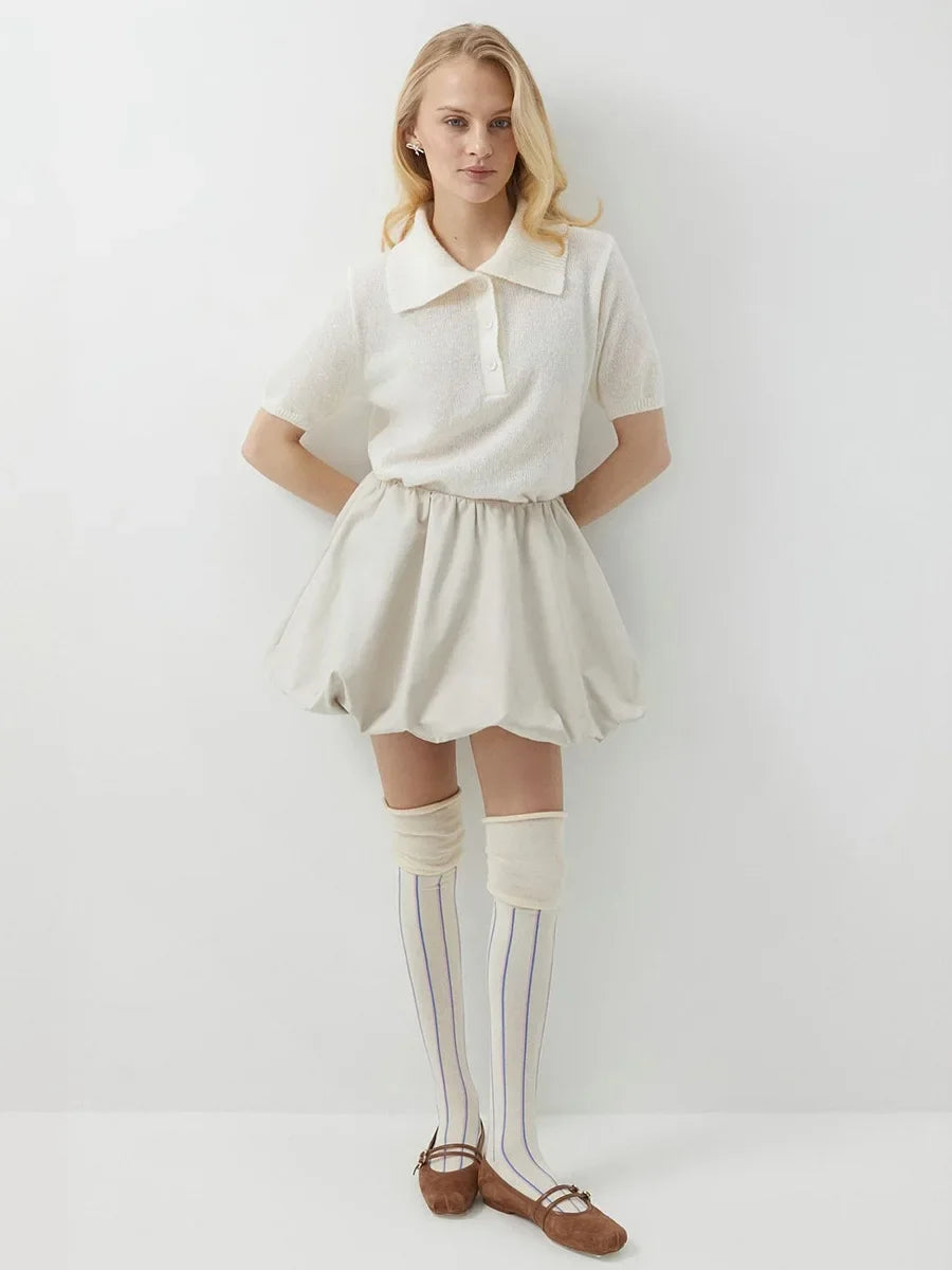 Casual Short Sleeve Knit Pullover For Women Lapel Patchwork See-Through Solid Commute Hollow Out Knitwear Sweater Pullover