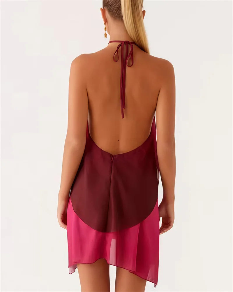 Mozision Gradient Halter Backless Sexy Mini Dress Women Gown Elegant Mesh Zipper Off-shoulder Sleeveless Club Party Dresses