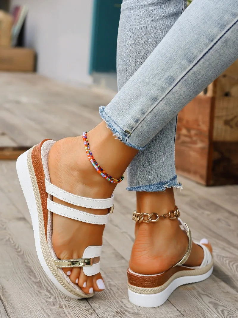 Summer Casual Color Blocking Sandals for Women Fashion Solid Comfortable Soft Leather Thick Soled Slope Woven Straw Sandals