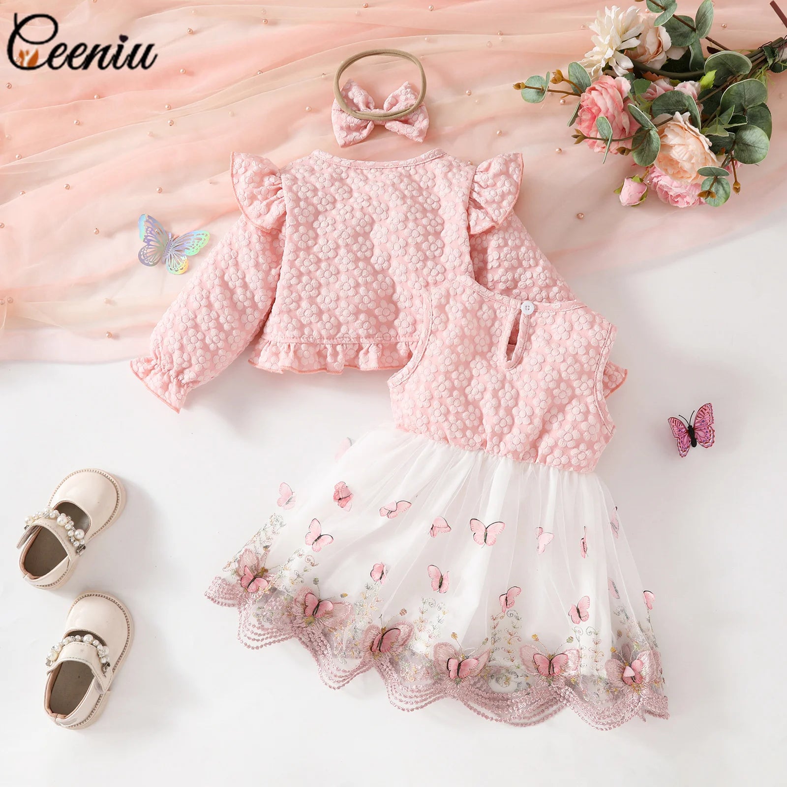 Ceeniu Baby Dresses For Birthday Long Sleeve Ruffles Bow Butterfly Party Dress For Girls 2024 Toddler Newborn Girl Clothes 2024