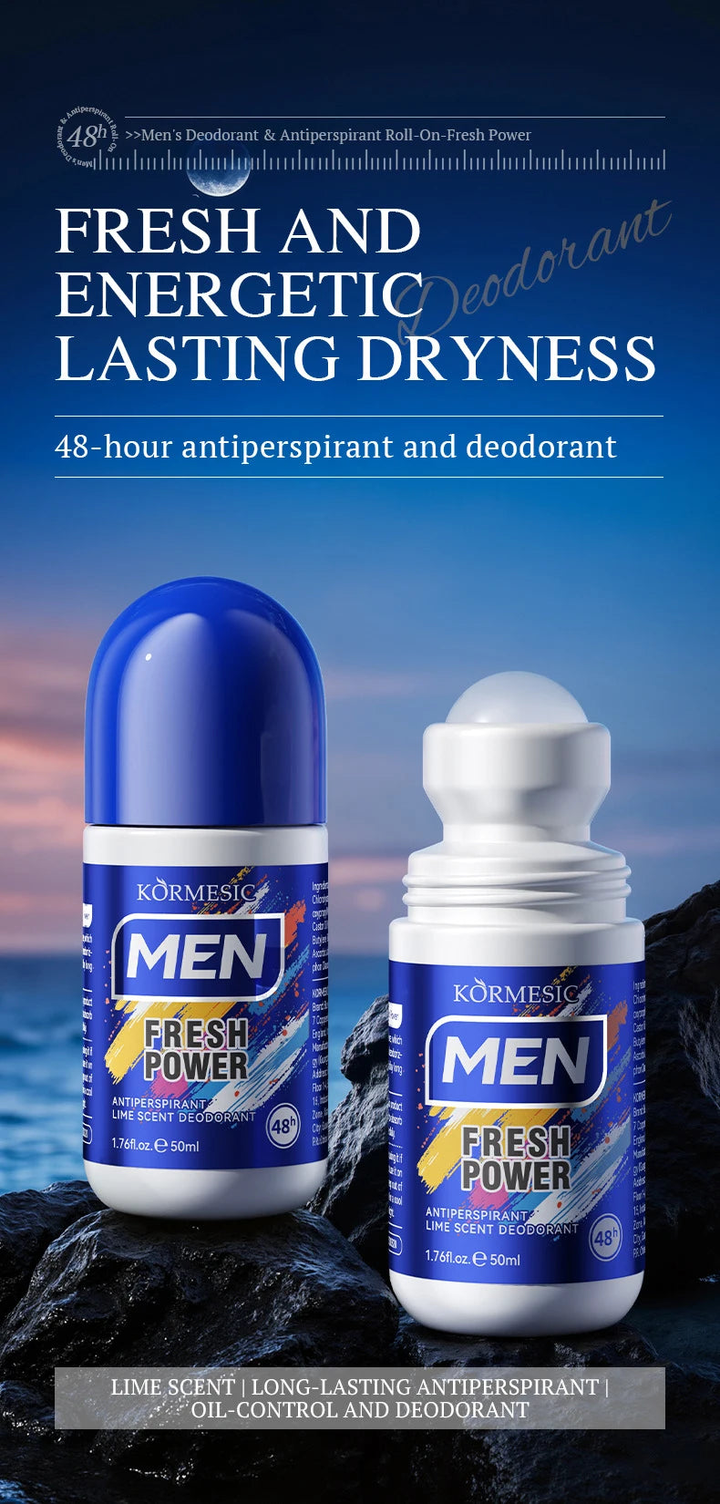 Deodorant for Men Roll-on Sweating Odor Remover Underarm Body Deodorant Roll On Package Fast Dry Lasting Portable Refresh 50ml
