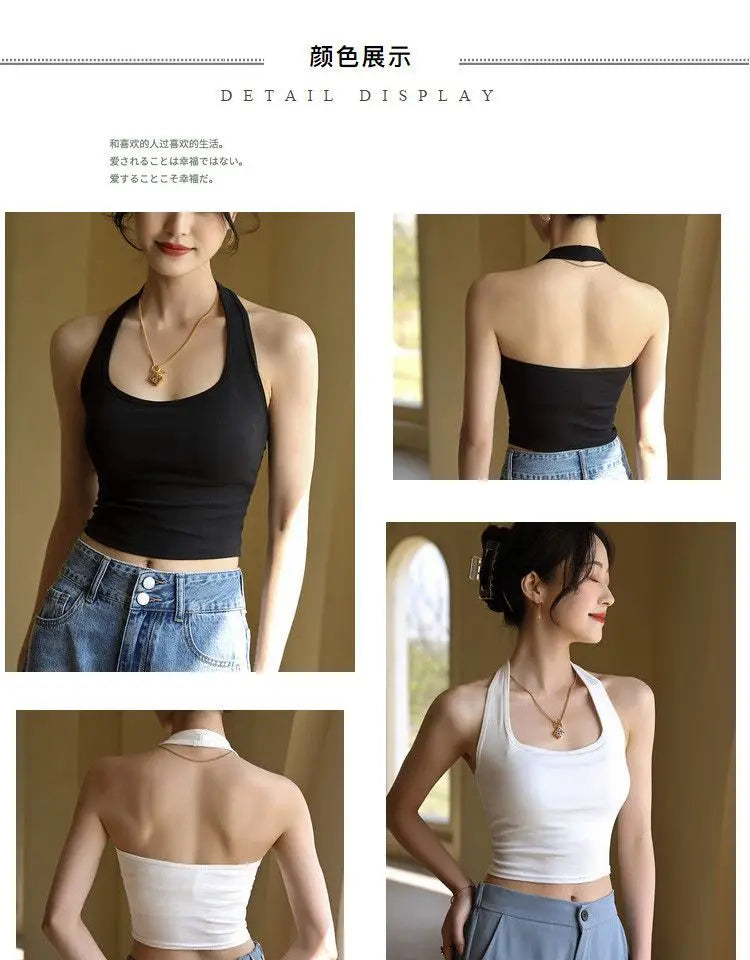 Halter Spaghetti Straps Vest for Women With Bra Padding Inner Wear Outer Wear Sexy Beauty Back Tanks Top
