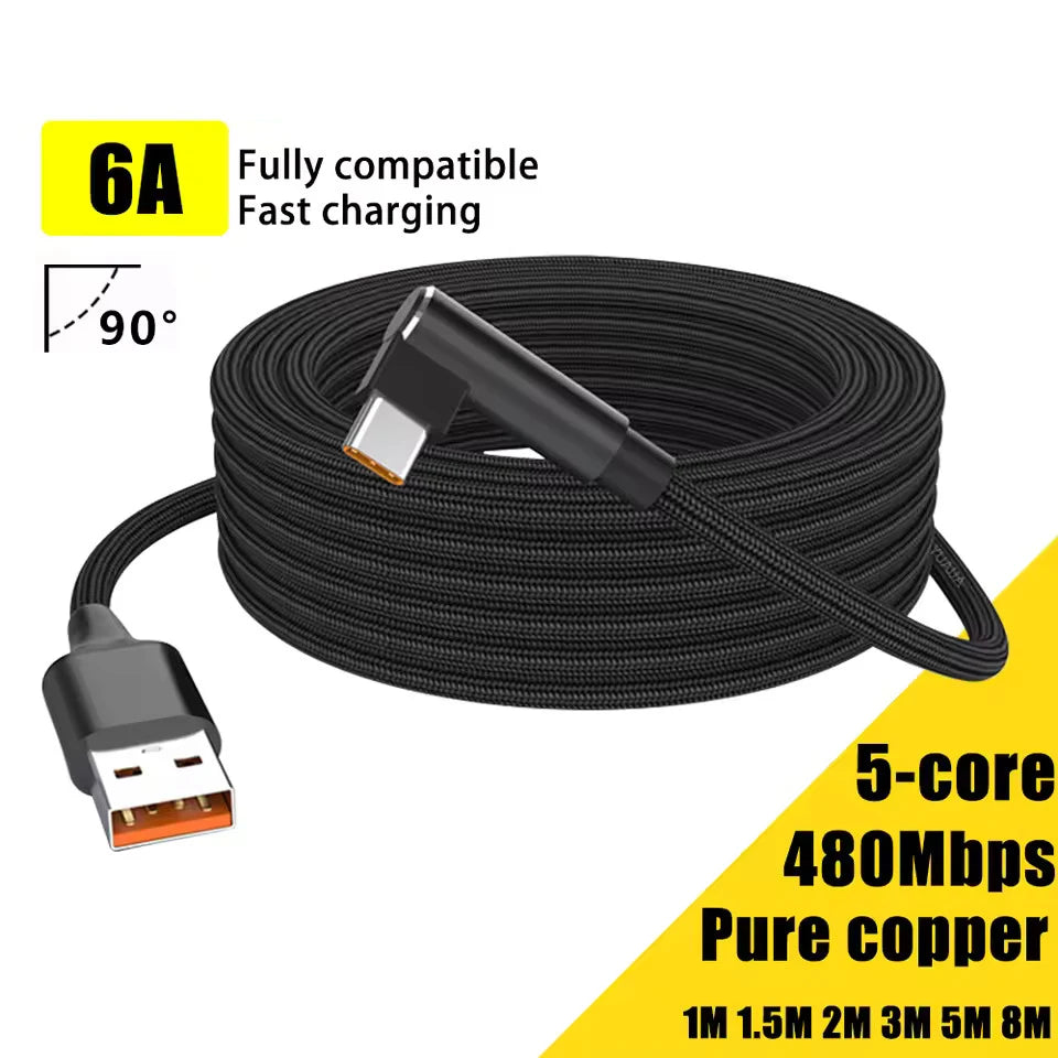 USB C Cable Fast Charge Extension Cable 6A 1M 2M 3M 5M 8M For iPhone 15 16 17 Samsung Huawei Xiaomi Oppo OnePlus VR Camera