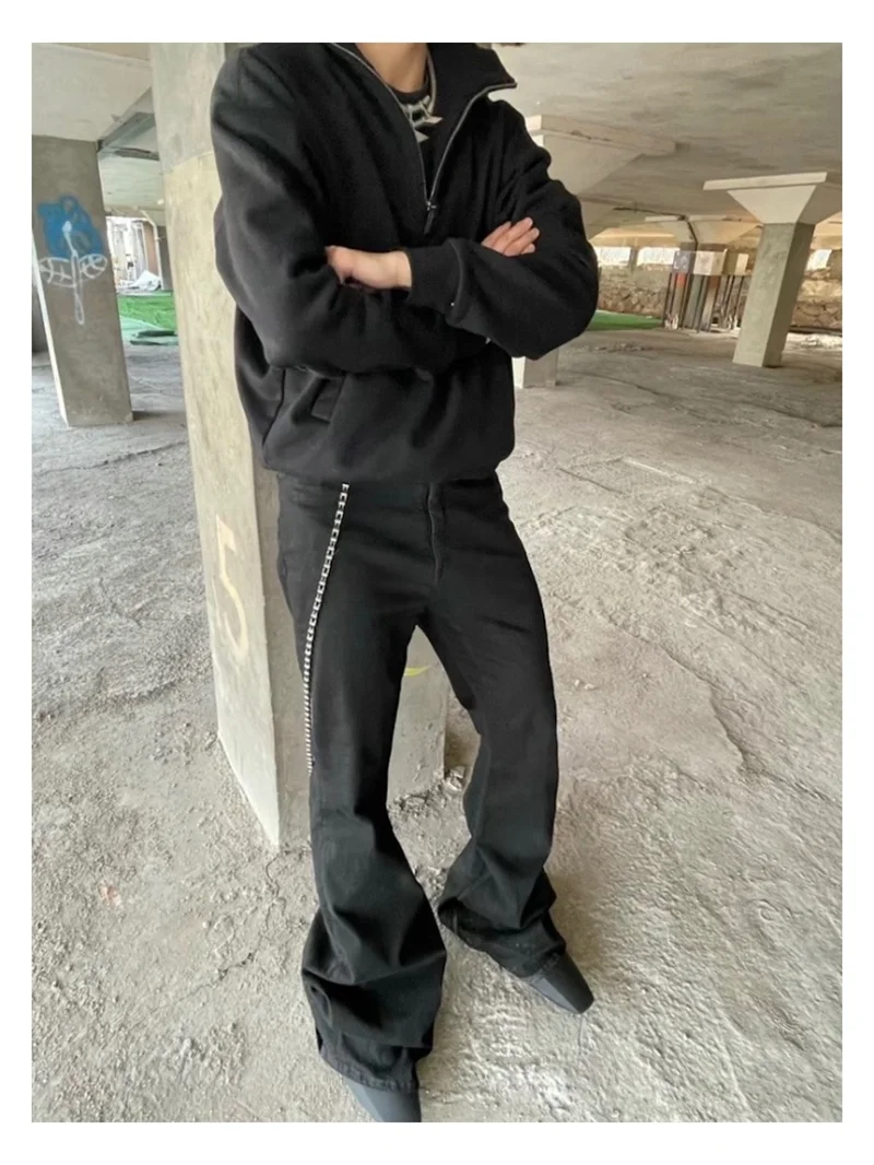 High Street RO Style Denim Pants Men's 24SS Basic Elastic Black Ribbon Loose Flared Streetwear Casual Jeans Pants Men Clothing