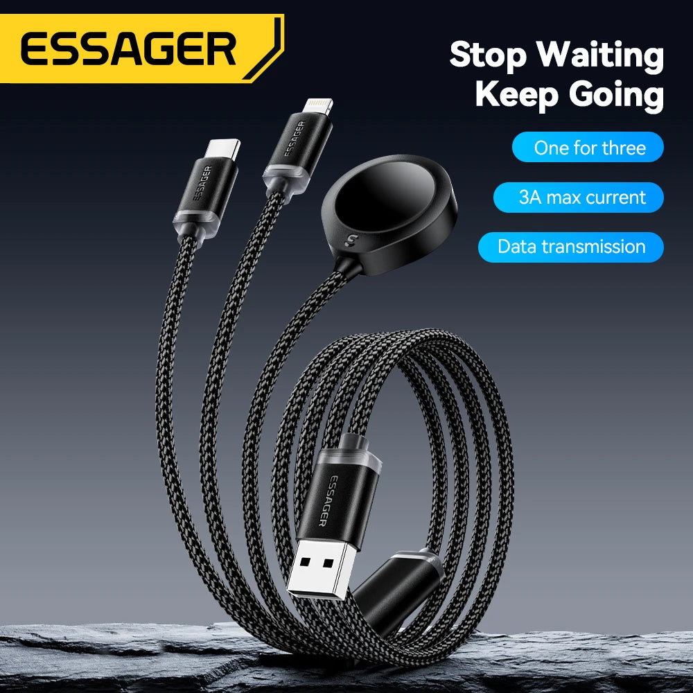 Essager 3 in 1 Multi USB A Charging Cable for Apple iWatch iPhone 16/15/14/13 Pro With USB Type C Lightning Fast Charging Cable
