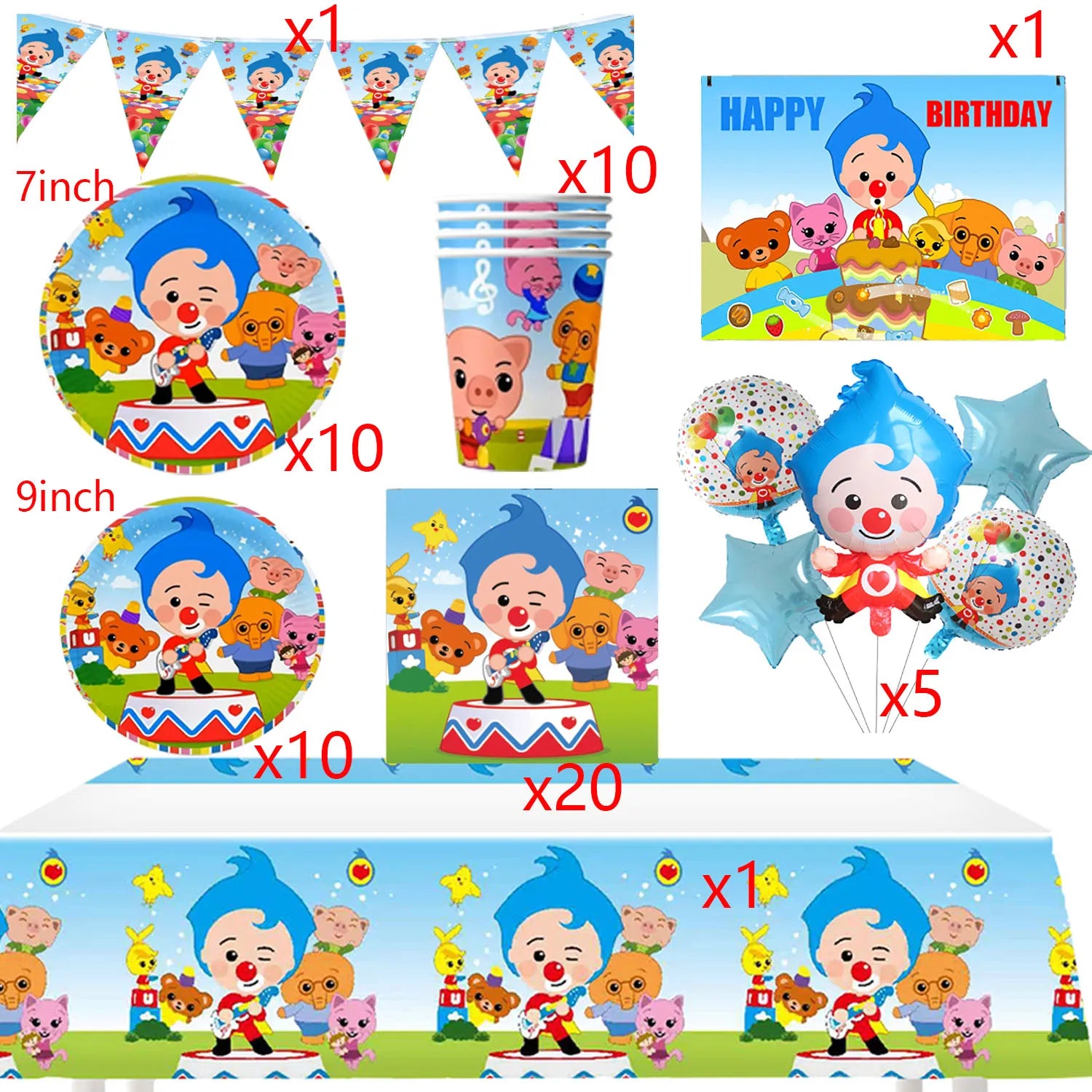 Catoon Clown Birthday Party Decoration Cute Tableware Cup Plate Balloon Banner Backdrop Gift Bag Favors for Kids Baby Supplies