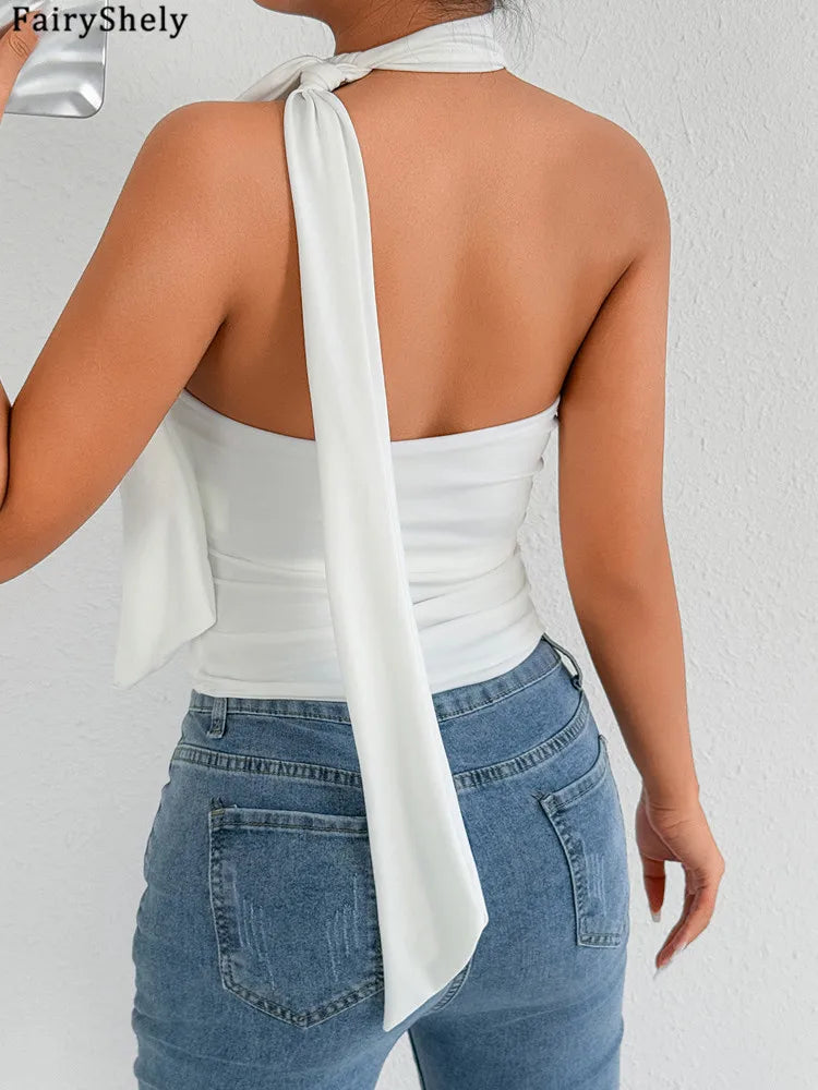 Fairyshely 2026 Sexy Summer Solid Sleeveless Off Shoulder Crop Top Women Tied Bodycon Tops Lady Backless Club Party Clothes