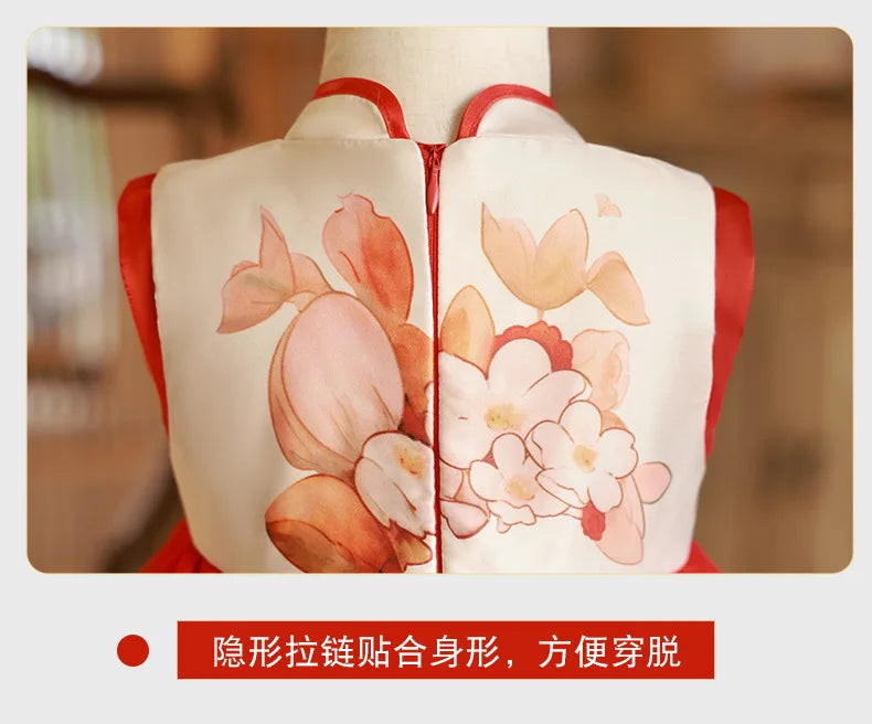 Summer Toddler Girl Clothes Chinese Style Fashion Princess Red Sleeveless Mesh Baby Dresses Luxury Birthday Kids Dress BC569
