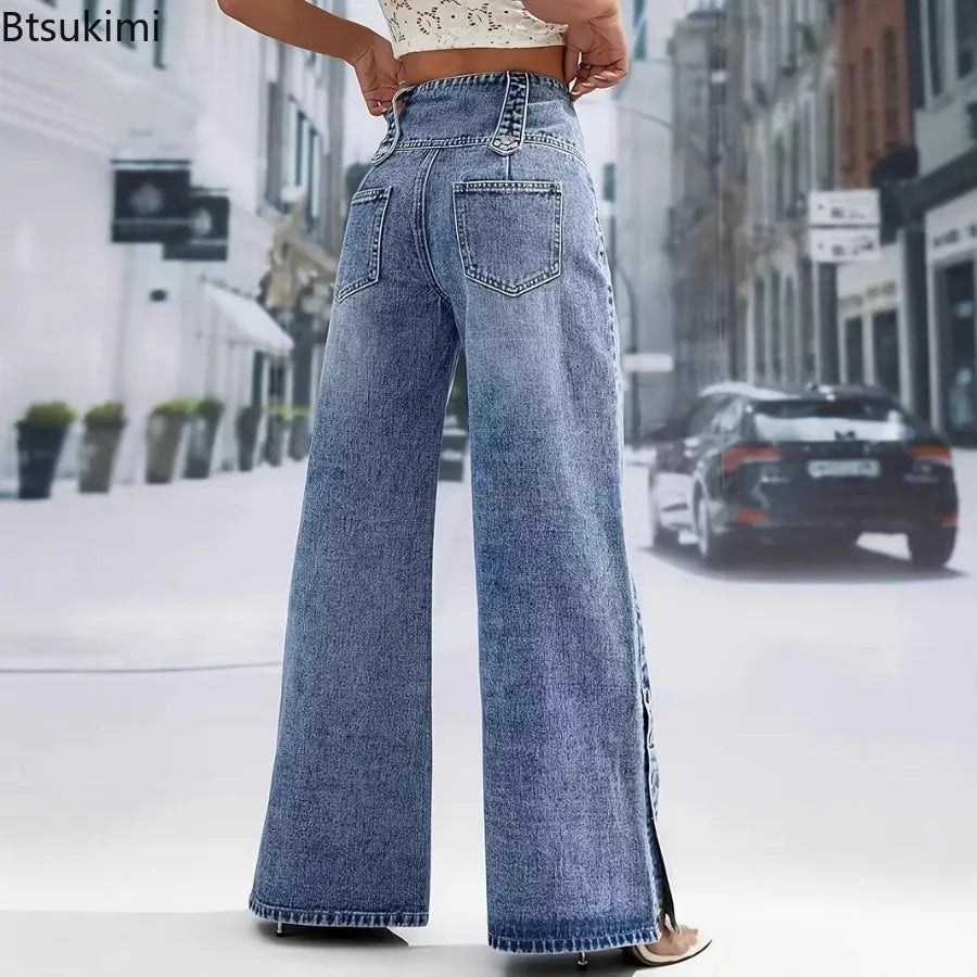 2026 Casual Jeans Pant Pantalones High Waist Wide Leg Trouser Women's Clothing Retro Street Style All-match Buttons Slit Fashion