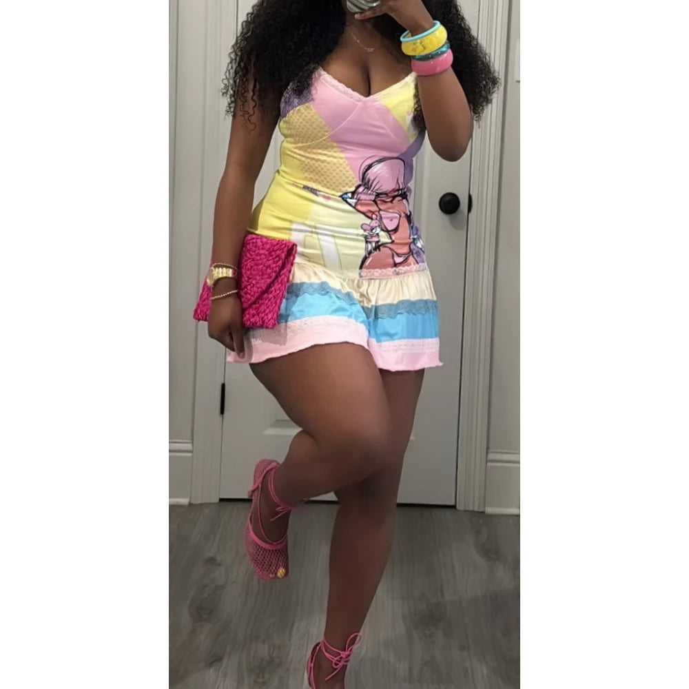 HLJ&GG Y2K Fashion Lace Splicing Bodycon Spaghetti Strap Mini Dresses Women Sleeveless Backless V Neck Slim Vestidos Streetwear