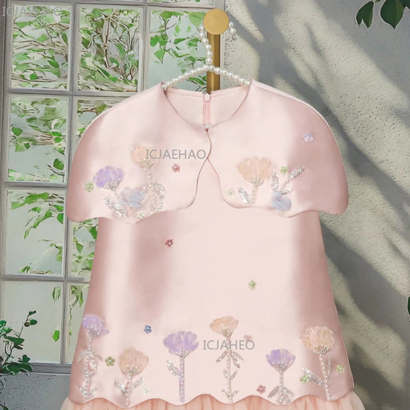 Festive Dress for Girl Baby Dresses for Eid Flowers Birthday Party Clothes Princess Formal Celebration Shawl Pink Skirt Costumes