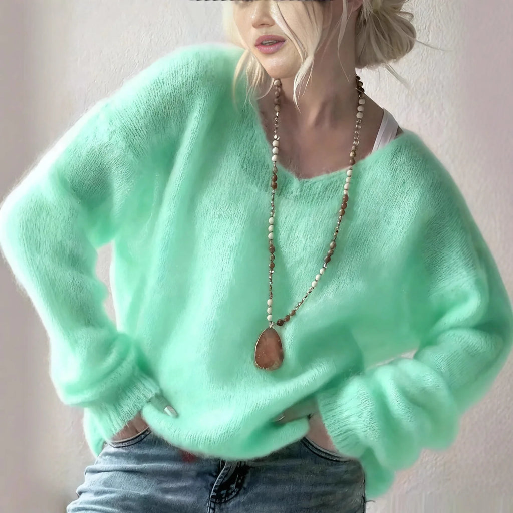 Lady Pullover Sweater Autumn Elegant V-neck Sweater Tops Causal Long Sleeve Solid Color Knitted Autumn Winter Womens Clothing
