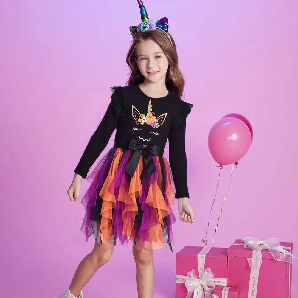 DXTON Children Girls Halloween Dress Irregular Mesh Cosplay Party Kids Baby Dresses Pumpkin Festival Party Toddler Clothes 3-12Y