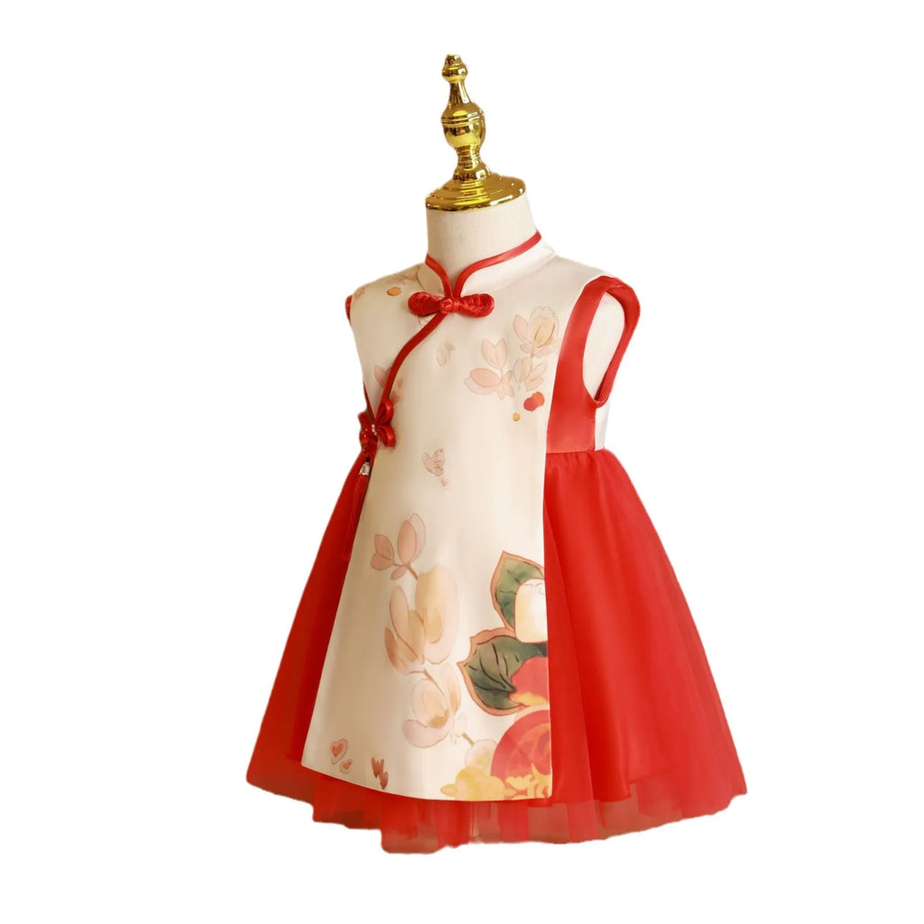 Summer Toddler Girl Clothes Chinese Style Fashion Princess Red Sleeveless Mesh Baby Dresses Luxury Birthday Kids Dress BC569