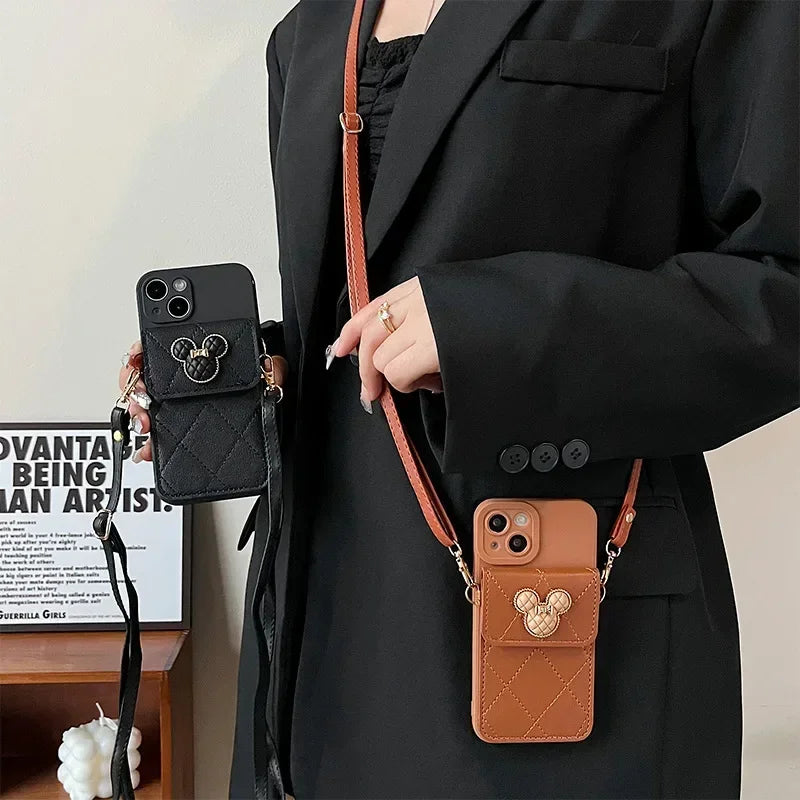 Cartoon Diamond Leather Wallet Case for iPhone 17 16 14 13 11 12 15 Pro Max Plus XS X 16E Card Holder Crossbody Lanyard Cover