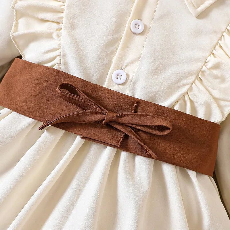 Prowow Baby Dresses Long Sleeve Beige Turn-Down Collar Shirt Dress With Waist Tape 2pcs Sets Newborn Toddler Girls Clothes