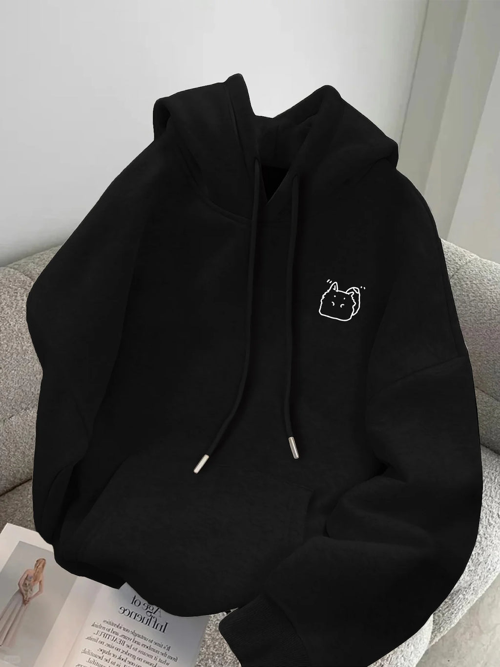 Minimalist Black Hooded Pullover, Casual Loose Sweatshirt with Front Pocket