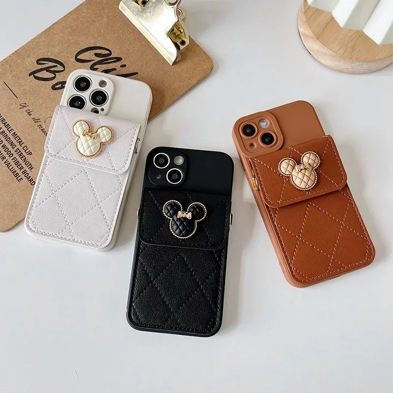 Cartoon Diamond Leather Wallet Case for iPhone 17 16 14 13 11 12 15 Pro Max Plus XS X 16E Card Holder Crossbody Lanyard Cover