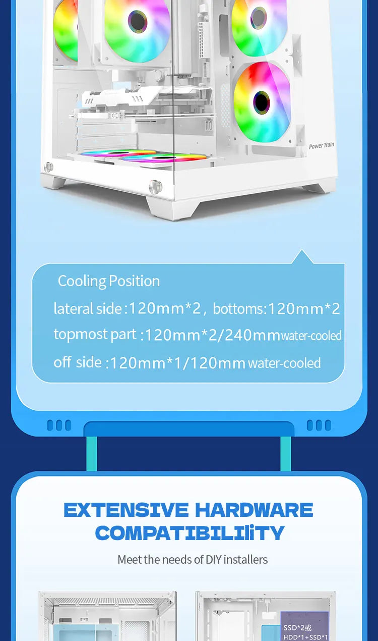 Power Train Coloured Glaze PC case Desktop 270° Sea View Room No pillars 240 water cooled Computer case